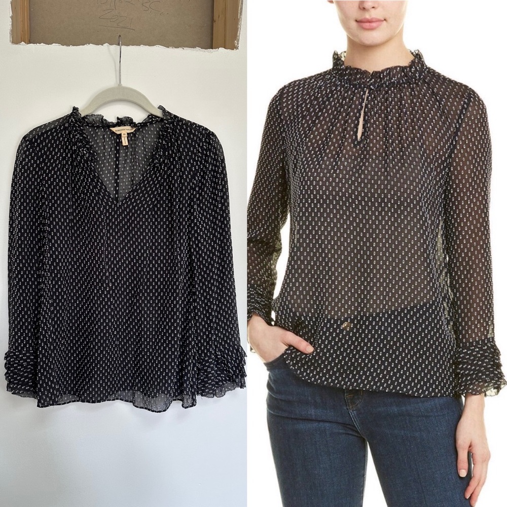 Rebecca Taylor Blouse Crinkle Chiffon Silk Long Sleeve Navy Blue Sheer size 00